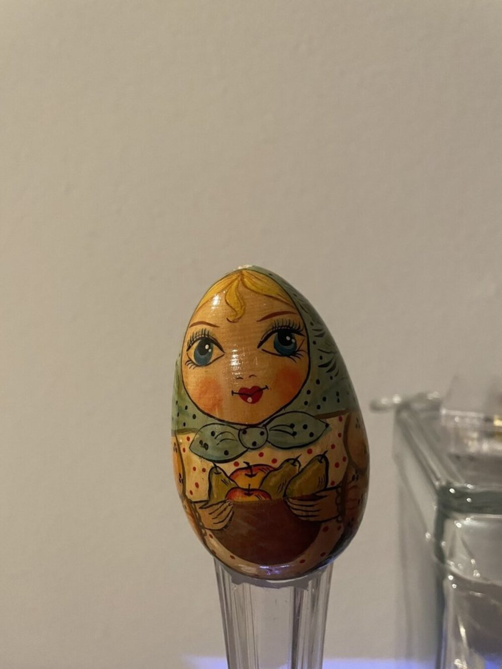 Russian Matryoshka Babushka Doll Turned Wood Egg Holds Basket Fruit 3" Vintage